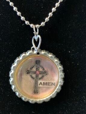 Amen Bottle Cap Necklace Heart Charm Toggle Clasp Vintage Style Pendant